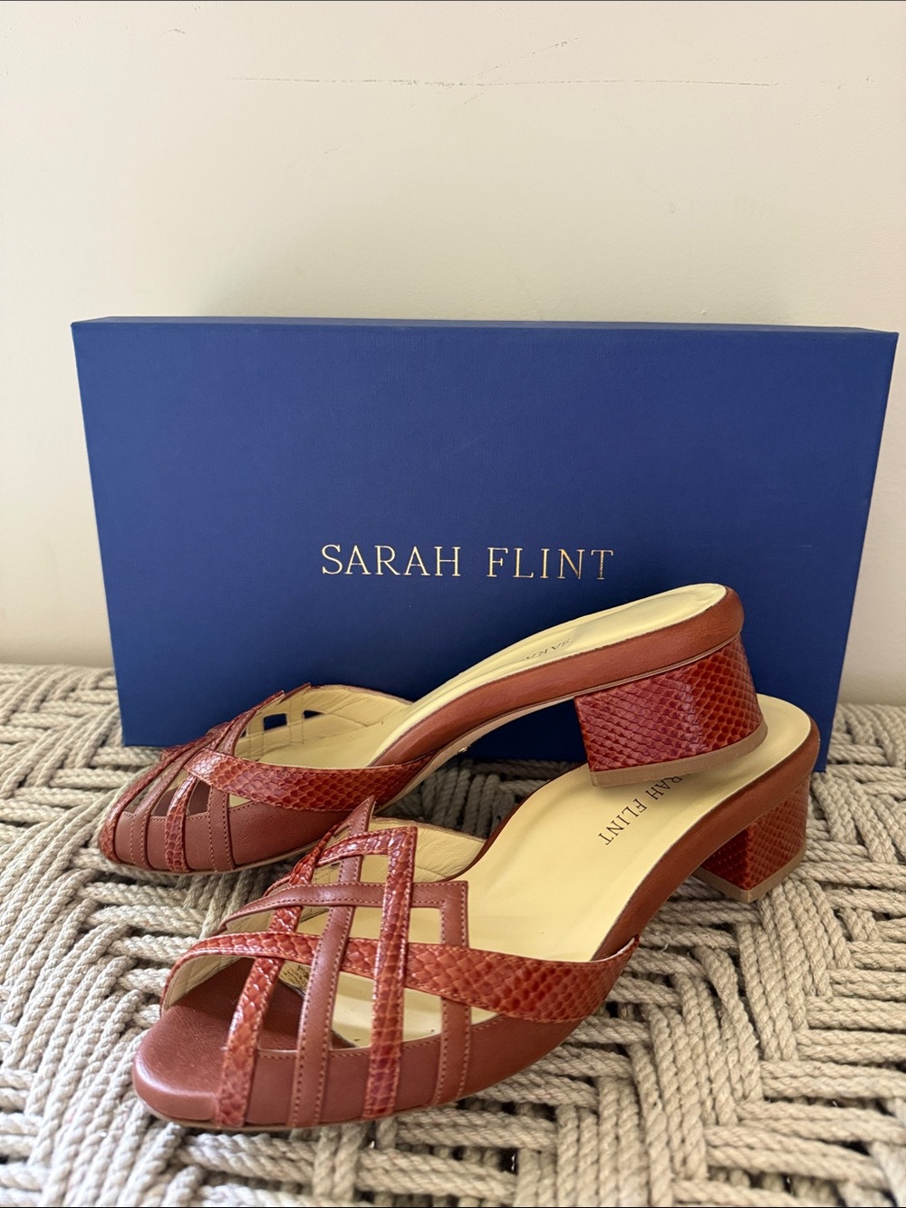 Sarah Flint Perfect Terry 30 Embossed Leather Mules 8.5 Cognac Brown Low Heel